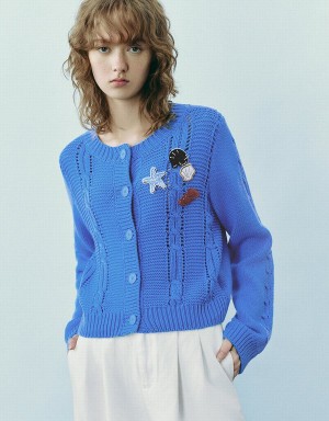 Urban Revivo Drop Shoulder Sleeve Crew Neck Knitted Women's Cardigan Blue | BJF9776JY