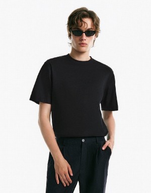 Urban Revivo Drop Shoulder Sleeve Crew Neck Men's T Shirts Black | EXQ6863JD