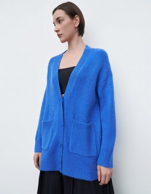 Urban Revivo Drop Shoulder Sleeve V-Neck Knitted Women's Cardigan Blue | GXE1112JN