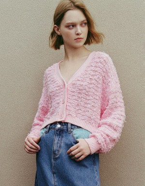 Urban Revivo Drop Shoulder Sleeve V-Neck Knitted Women's Cardigan Pink | EWY2290PW