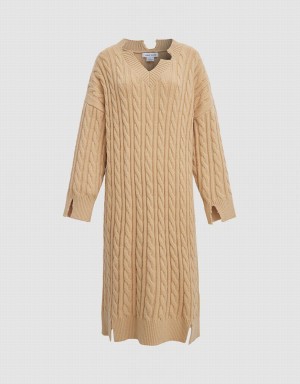 Urban Revivo Drop Shoulder Cable Knit Women's Dress Khaki | PZN191KW