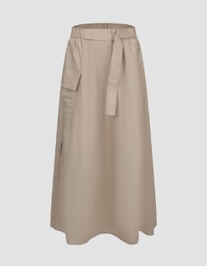 Urban Revivo Elastic Waist Midi A-Line Women's Skirts Khaki | IOA7181YH