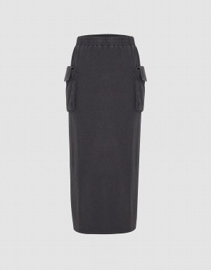 Urban Revivo Elastic Waist Midi Straight Women's Skirts Grey | EEO1423LI