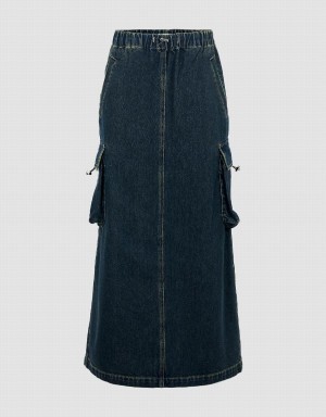 Urban Revivo Elastic Waist Straight Denim Women's Skirts Blue | OMX2330MG