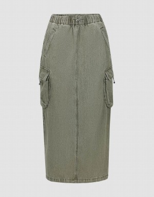 Urban Revivo Elastic Waist Straight Denim Women's Skirts Green | ANV1136YO