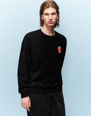 Urban Revivo Embossed Crew Neck Men's Sweatshirts Black | VFD6512IH