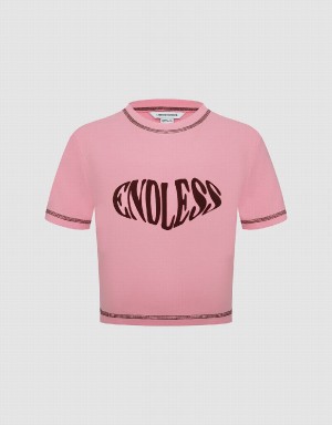 Urban Revivo Endless Printed Crew Neck Skinny Women's T Shirts Pink | OOQ90100TO