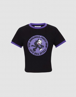 Urban Revivo Felix The Cat Women's T Shirts Black | OJC1443FY