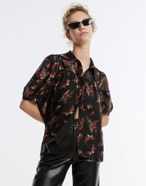 Urban Revivo Floral Button Up Women's Shirts Black Red | WBX3577YO