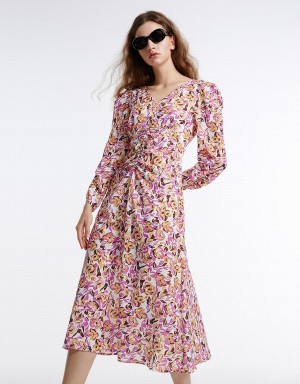 Urban Revivo Floral Chiffon Women's Dress Purple | KJL4831UL