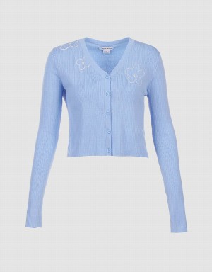 Urban Revivo Floral Embroidery Button Up Women's Cardigan Blue | ZXM6990QI