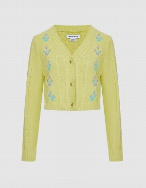 Urban Revivo Floral Embroidery Cable Knit Women's Cardigan Green | HNN4454TQ