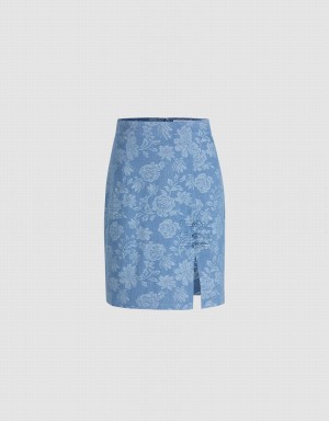 Urban Revivo Floral Jacquard Frog Button Denim Women's Skirts Blue | DZY4855XQ