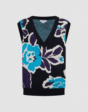 Urban Revivo Floral Jacquard Women's Sweaters Blue Black | PBO2365MR