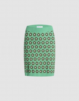 Urban Revivo Floral Knitted Mini Women's Skirts Green | UWJ473QO