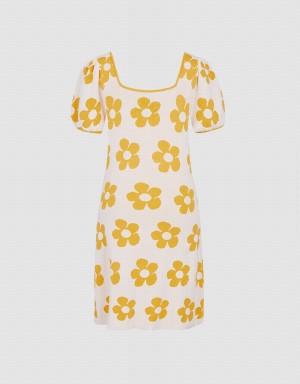 Urban Revivo Floral Pattern Puff Sleeve Knitted Women's Dress Yellow White | PYM6938WW