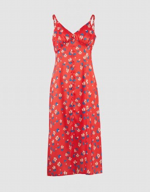 Urban Revivo Floral Print Cami Midi Women's Dress Red | UWN3925HW