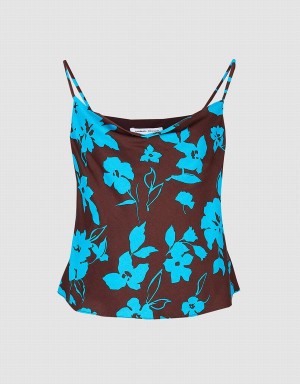 Urban Revivo Floral Print Cowl Neck Cami Women's Tank Top Blue | FMD7260OU