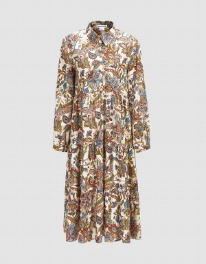 Urban Revivo Floral Print Half Button Women's Dress Khaki | LDI5678SS