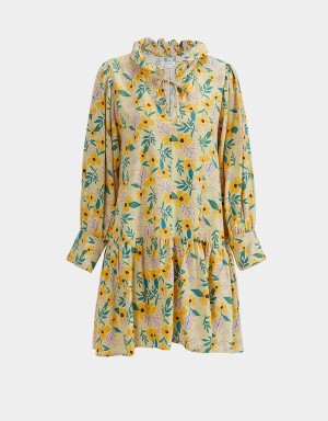 Urban Revivo Floral Print Knot Front Ruffle Hem Women's Dress Yellow | MKD3076JE