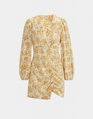 Urban Revivo Floral Print Ruffled Collar Ruched Women's Dress Yellow | AUS5932QU