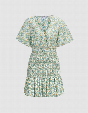 Urban Revivo Floral Print Shirred Belted Women's Dress Green | DDS1761OC