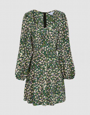 Urban Revivo Floral Print Sweetheart Long Sleeve Women's Dress Green | EYR8024MD