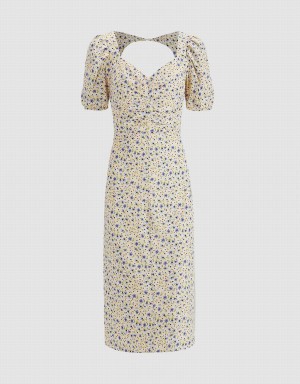 Urban Revivo Floral Print Sweetheart Neck Puff Sleeve Women's Dress Yellow | WBS3737DA