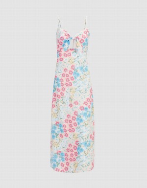 Urban Revivo Floral Print Tie Front Cut Out Cami Women's Dress Blue | ORS9871NM