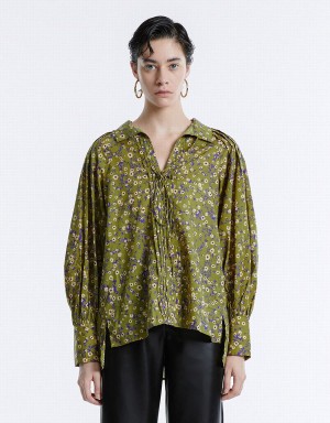 Urban Revivo Floral Tie Front Women's Blouse Green | PIP1374ZQ