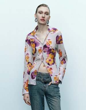 Urban Revivo Flower Printed Women's Shirts Blue | XKR3742ES