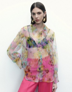 Urban Revivo Flowers Printed Sheer Overhead Women's Blouse Multicolor | HDM8971BS