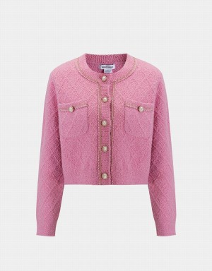 Urban Revivo Fluffy Contrast Trim Faux Pearl Button Women's Cardigan Pink | NSA953NM