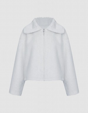 Urban Revivo Fluffy Zip Up Women's Jackets White | ONI372KC