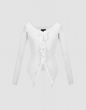 Urban Revivo Frill Trim Knitted Women's Cardigan White | RRE5315YH