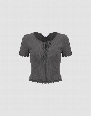 Urban Revivo Frill Trim Tie Front Knitted Women's T Shirts Grey | BWZ1083MU