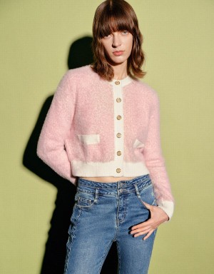 Urban Revivo Furry Crew Neck Knitted Women's Cardigan Pink | BEM8620RY