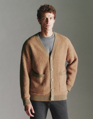 Urban Revivo Furry Knitted Men's Cardigan Brown | HLD8072WY