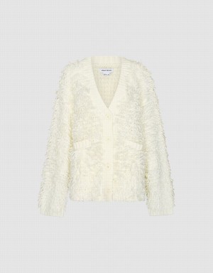 Urban Revivo Furry V-Neck Knitted Women's Cardigan White | OAH3433XG