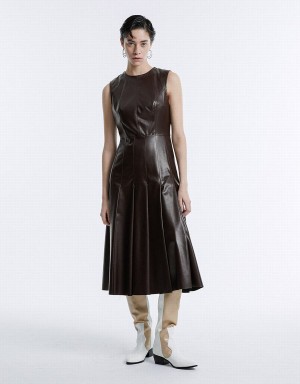 Urban Revivo Gathered Waist Faux Leather Women's Dress Brown | JWV6047ZI