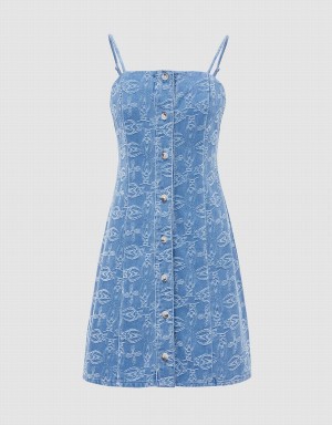 Urban Revivo Geo Pattern Denim Cami Women's Dress Blue | IOG5699ZO