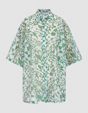 Urban Revivo Geometric Print Short Sleeve Women's Shirts Green | FET2385ID