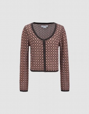 Urban Revivo Gingham U Neck Knitted Women's Cardigan Brown | SMC9582PN