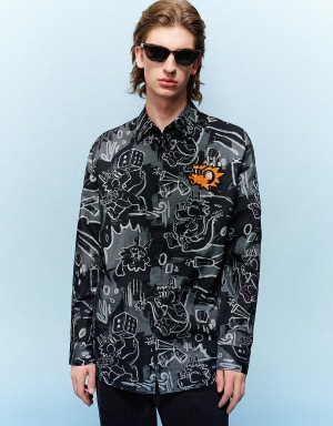 Urban Revivo Graffiti Printed Button Up Loose Men's Shirts Black | ITO1515NL