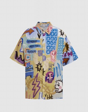 Urban Revivo Graffiti Printed Loose Men's Shirts Multicolor | KYI2946ZD