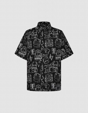 Urban Revivo Graffiti Printed Oversized Men's Shirts Black | GVL1314SW