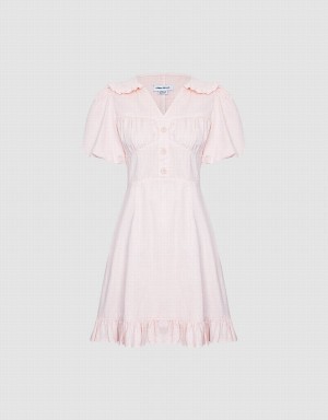 Urban Revivo Half Button Ruffle Hem Denim Women's Dress Pink | CYU267JQ