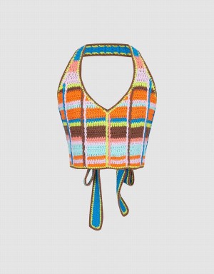 Urban Revivo Halter Neck Crochet Striped Women's Cardigan Orange Multicolor | OAN6998CX