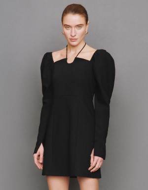 Urban Revivo Halter Neck Puff Sleeve Off-Shoulder Skater Women's Dress Black | XPM4469YZ