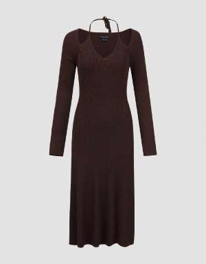 Urban Revivo Halter Neck Skinny Knitted A-Line Women's Dress Brown | PSP618WP